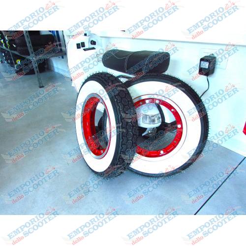 COPPIA RUOTE COMPLERE TUBELESS SCOMPONIBILE ROSSO CON CONTINENTAL 3.50 -10 FASCIA BIANCA